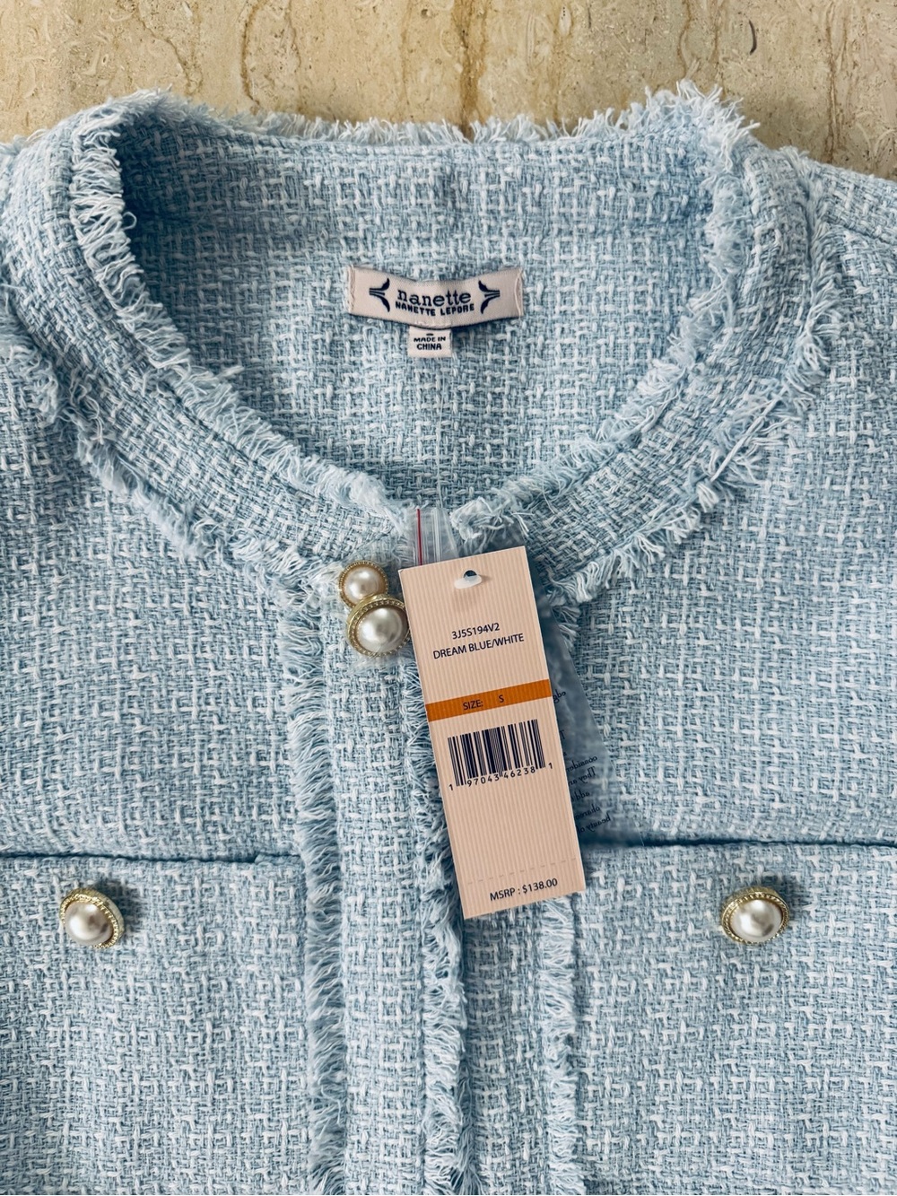 NWT Nanette Lepore Light Blue Tweed
Fringe Jacket Pearl Buttons. - Picture 7 of 10